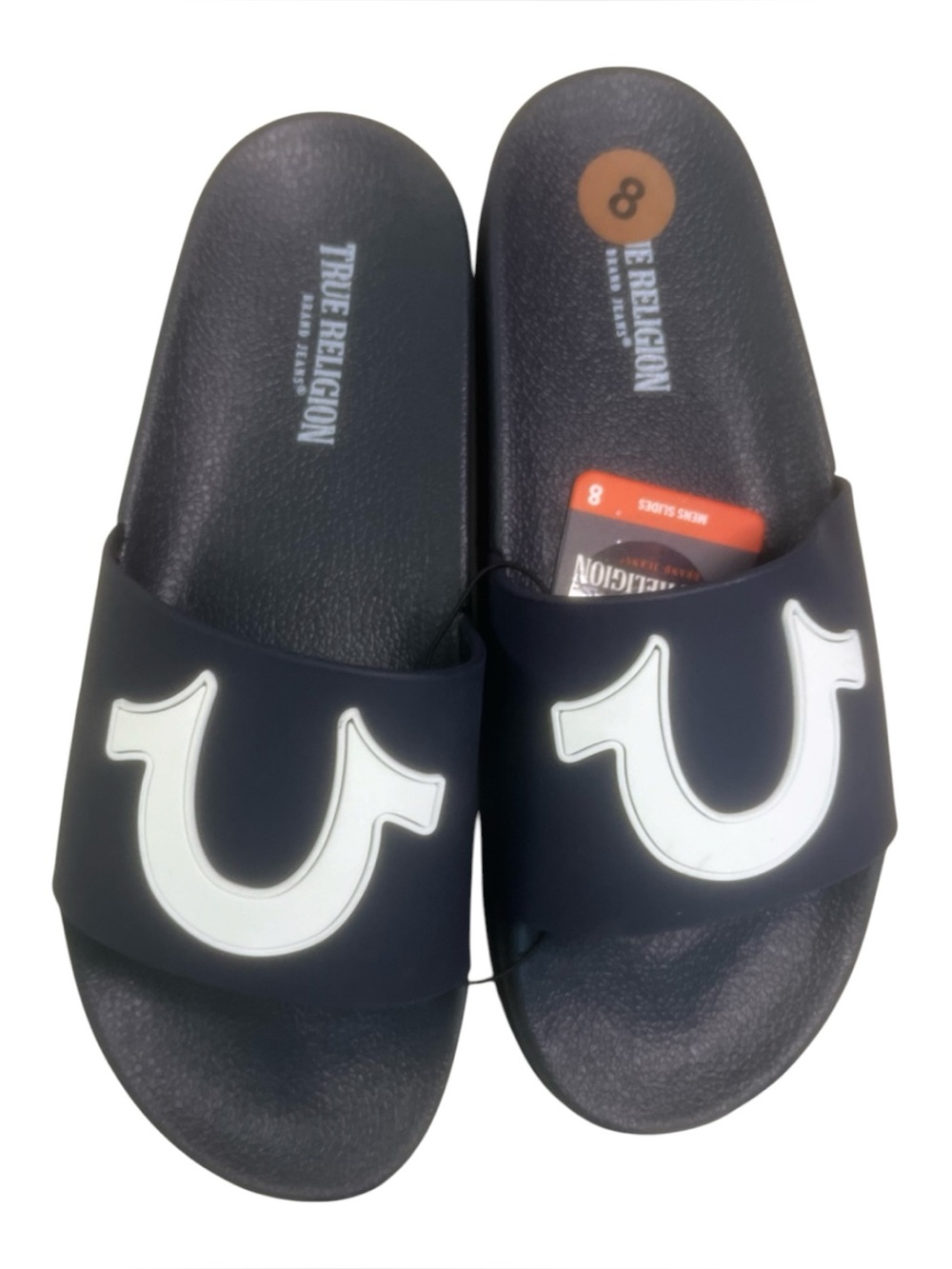 True Religion Men's Navy Slide Sandals with White Logo